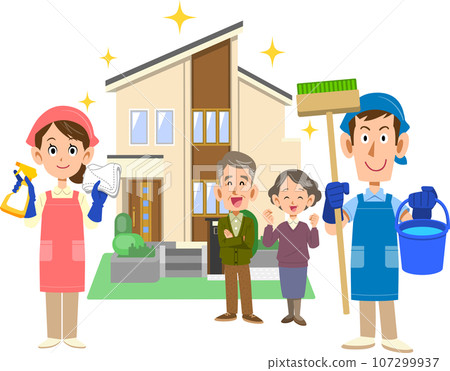A man and woman wearing aprons and a senior couple holding cleaning tools in front of a shiny house 107299937