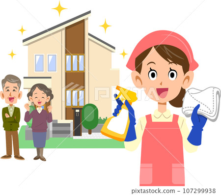 A woman wearing an apron and a senior couple holding cleaning tools in front of a shiny house 107299938