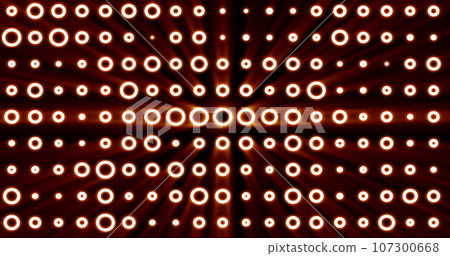 Abstract background of bright orange yellow glowing light bulbs from circles and dots of energy magic disco wall 107300668