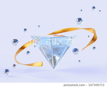 Glass transparent clear inverted triangle with gold wave ribbon and soap bubbles or water drops on blue background 3d render. Flying abstract geometric shapes, crystal rainbow pyramid. 3D illustration 107300715