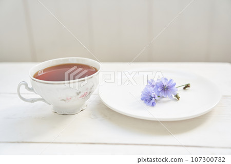 The composition of the drink from chicory, cups and saucers on a wooden table with space for copying. A healthy drink made from chicory. High quality photo The composition of the drink from chicory, cups and saucers on a wooden table with space for copying. A healthy drink made from chicory. High quality photo 107300782