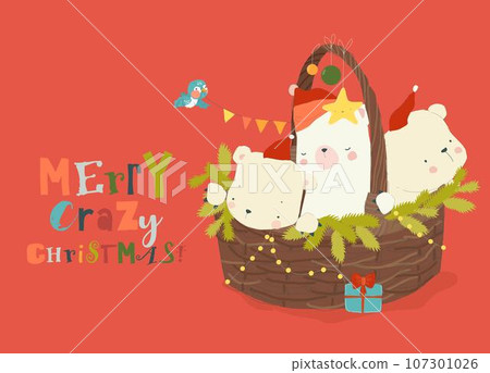 Cute Funny Polar Bears sitting on Christmas Basket Cute Funny Polar Bears sitting on Christmas Basket 107301026