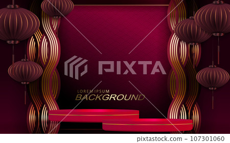 A textured composition in a red hue with a podium and wavy intertwining lines 107301060
