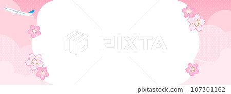 飛機和粉紅雲彩、天空和櫻花框架/背景材料（橫幅水平） 107301162