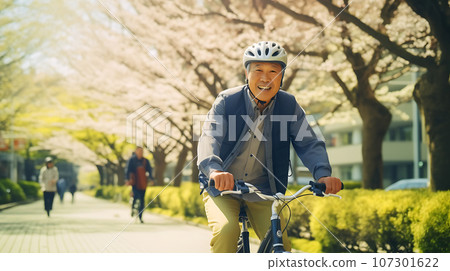 AI-generated image of a Japanese man riding a bicycle and a senior man on the road with a smile 107301622