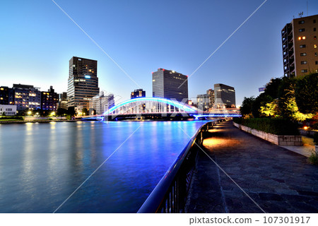 從隅田川露台看到的東京晴空塔和藍色永泰橋的夜景 107301917