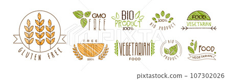Vegetarian GMO Free Bio Product and Food Label Vector Set Vegetarian GMO Free Bio Product and Food Label Vector Set 107302026