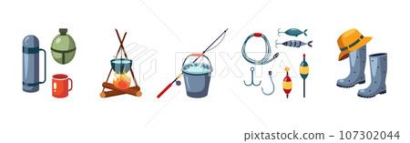 Camping and Tourist Equipment Object and Items Vector Set 107302044