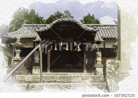 Watercolor painting style Shinto shrine worship hall Tamashima Yashima Kurashiki City, Okayama Prefecture Watercolor painting style Shinto shrine worship hall Tamashima Yashima Kurashiki City, Okayama Prefecture 107302520