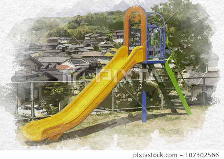 Watercolor style Kameyama Park slide Kurashiki City, Okayama Prefecture 107302566