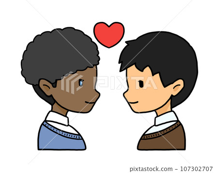 一對面對面的情侶的側面插圖(一名黑人和一名日本男子) 一對面對面的情侶的側面插圖(一名黑人和一名日本男子) 107302707