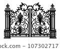 ANTIQUE METAL GATE. Black on white sketch of wrought iron bi-fold garden doors. Church gate with scrolls and leaves. 107302717