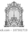 ANTIQUE METAL GATE. Black on white sketch of wrought iron bi-fold garden doors. Church gate with scrolls and leaves. 107302719