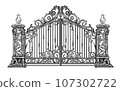 ANTIQUE METAL GATE. Black on white sketch of wrought iron bi-fold garden doors. Church gate with scrolls and leaves. 107302722