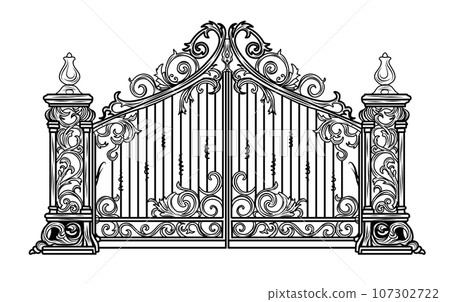 ANTIQUE METAL GATE. Black on white sketch of wrought iron bi-fold garden doors. Church gate with scrolls and leaves. 107302722