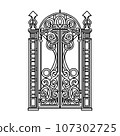 ANTIQUE METAL GATE. Black on white sketch of wrought iron bi-fold garden doors. Church gate with scrolls and leaves. 107302725