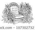 Coloring page of a beautiful romantic garden. Armchair in the garden among flowers. 107302732