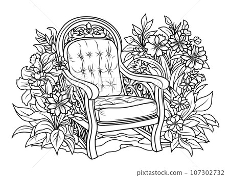 Coloring page of a beautiful romantic garden. Armchair in the garden among flowers. Coloring page of a beautiful romantic garden. Armchair in the garden among flowers. 107302732