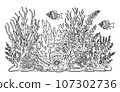 Ocean bottom coloring page with fish and algae. Sea life coloring book. 107302736