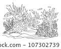 Ocean bottom coloring page with fish and algae. Sea life coloring book. 107302739