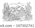 Ocean bottom coloring page with fish and algae. Sea life coloring book. 107302741