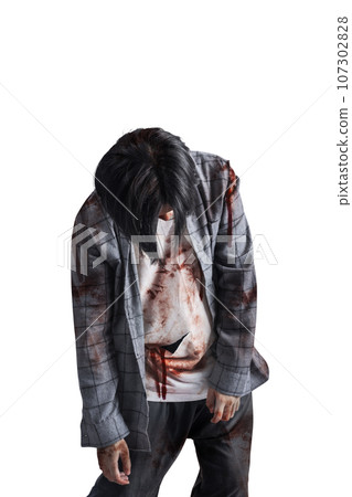 A scary zombie with blood and wounds on his body walking A scary zombie with blood and wounds on his body walking 107302828