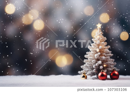 Decorated Christmas tree with shiny lights in blurred. Beautiful Christmas festive background. Red toys 107303106