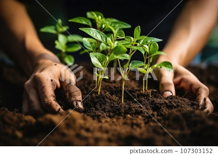 Woman plants a sprout in the ground. Green nature conservation concept 107303152