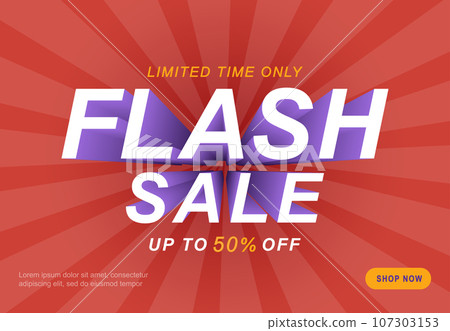 Sale banner template design with rays on a red background. Flash sale special up to 50 percent off. End of season special offer banner. Vector illustration. 107303153