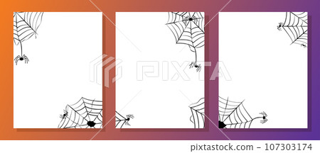 Set of banner designs for Happy Halloween with cobwebs and spiders. White templates on orange gradient background. Vector 107303174