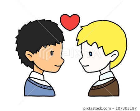Illustration of a profile of a couple facing each other (Japanese man and Caucasian man) Illustration of a profile of a couple facing each other (Japanese man and Caucasian man) 107303197