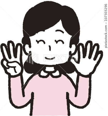 一位微笑的女士用左手 5 個手指、右手 3 個手指做 35 個手勢的上半身插圖 一位微笑的女士用左手 5 個手指、右手 3 個手指做 35 個手勢的上半身插圖 107303296