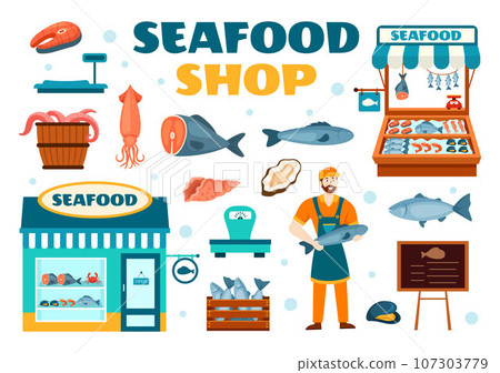 Seafood Market Stall Vector Illustration with Fresh Fish Products such as Octopus, Clams, Shrimp and Lobster in Flat Cartoon Background Design 107303779