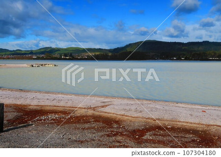 Coast of Lake Rotorua, a large geothermal area in New Zealand's North Island 107304180