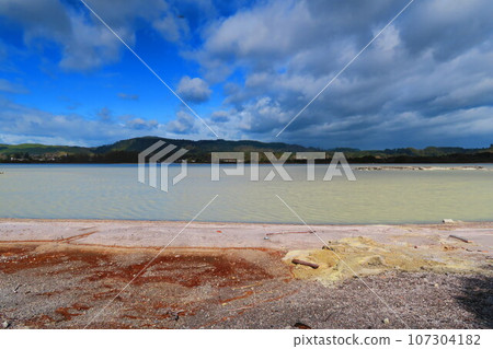 Coast of Lake Rotorua, a large geothermal area in New Zealand's North Island 107304182