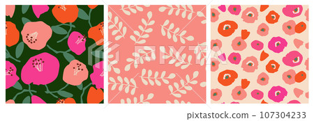 Set of hand drawn flowers, seamless patterns with floral for fabric, textiles, clothing, wrapping paper, cover, banner, interior decor, abstract backgrounds. 107304233