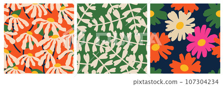 Set of hand drawn flowers, seamless patterns with floral for fabric, textiles, clothing, wrapping paper, cover, banner, interior decor, abstract backgrounds. 107304234