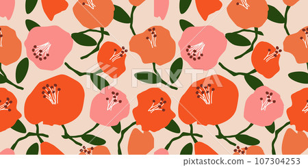 Hand drawn flowers, seamless patterns with floral for fabric, textiles, clothing, wrapping paper, cover, banner, interior decor, abstract backgrounds. 107304253