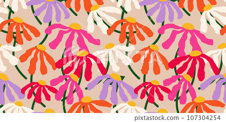 Hand drawn flowers, seamless patterns with floral for fabric, textiles, clothing, wrapping paper, cover, banner, interior decor, abstract backgrounds. 107304254