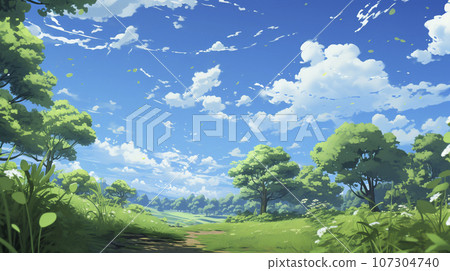 Fresh green leaves and blue sky "AI generated image" 107304740