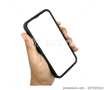 hand holding black phone isolated on white background 107305024
