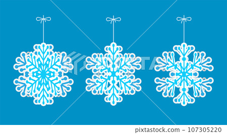 Set of hanging winter origami toy snowflakes. Six pointed fluffy cut out snowflakes of holiday garland decoration. Paper vector on blue background 107305220