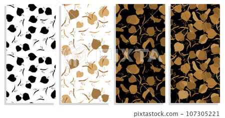 Set of vertical flyers with black silhouettes of linden leaves seamless pattern. Autumn fallen leaves of linden tree. Templates for invitation, banners, brochures print. Vector on white and black Set of vertical flyers with black silhouettes of linden leaves seamless pattern. Autumn fallen leaves of linden tree. Templates for invitation, banners, brochures print. Vector on white and black 107305221