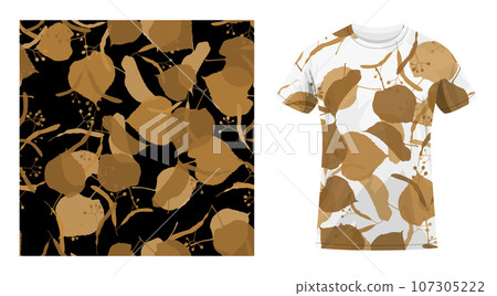 Short sleeved cotton sports t shirt black silhouettes of linden leaves seamless pattern. Autumn fallen leaves of linden. Comfortable summer clothes. Vector ornament for design of textile and fabric Short sleeved cotton sports t shirt black silhouettes of linden leaves seamless pattern. Autumn fallen leaves of linden. Comfortable summer clothes. Vector ornament for design of textile and fabric 107305222