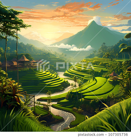 Illustration of the beautiful view of traditional rice terraces 107305736