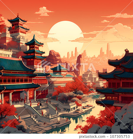 Illustration of a Chinese city with traditional architecture 107305753