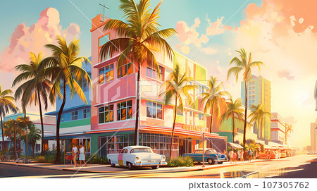 Illustration of a sunny day in an American resort town Illustration of a sunny day in an American resort town 107305762