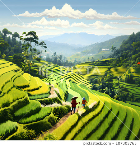 Illustration of the beautiful view of traditional rice terraces 107305763