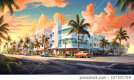 Illustration of a sunny day in an American resort town Illustration of a sunny day in an American resort town 107305769