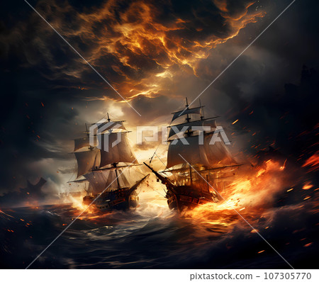 Illustration of a battle with pirates, sailing ships in a storm, explosions and fire Illustration of a battle with pirates, sailing ships in a storm, explosions and fire 107305770